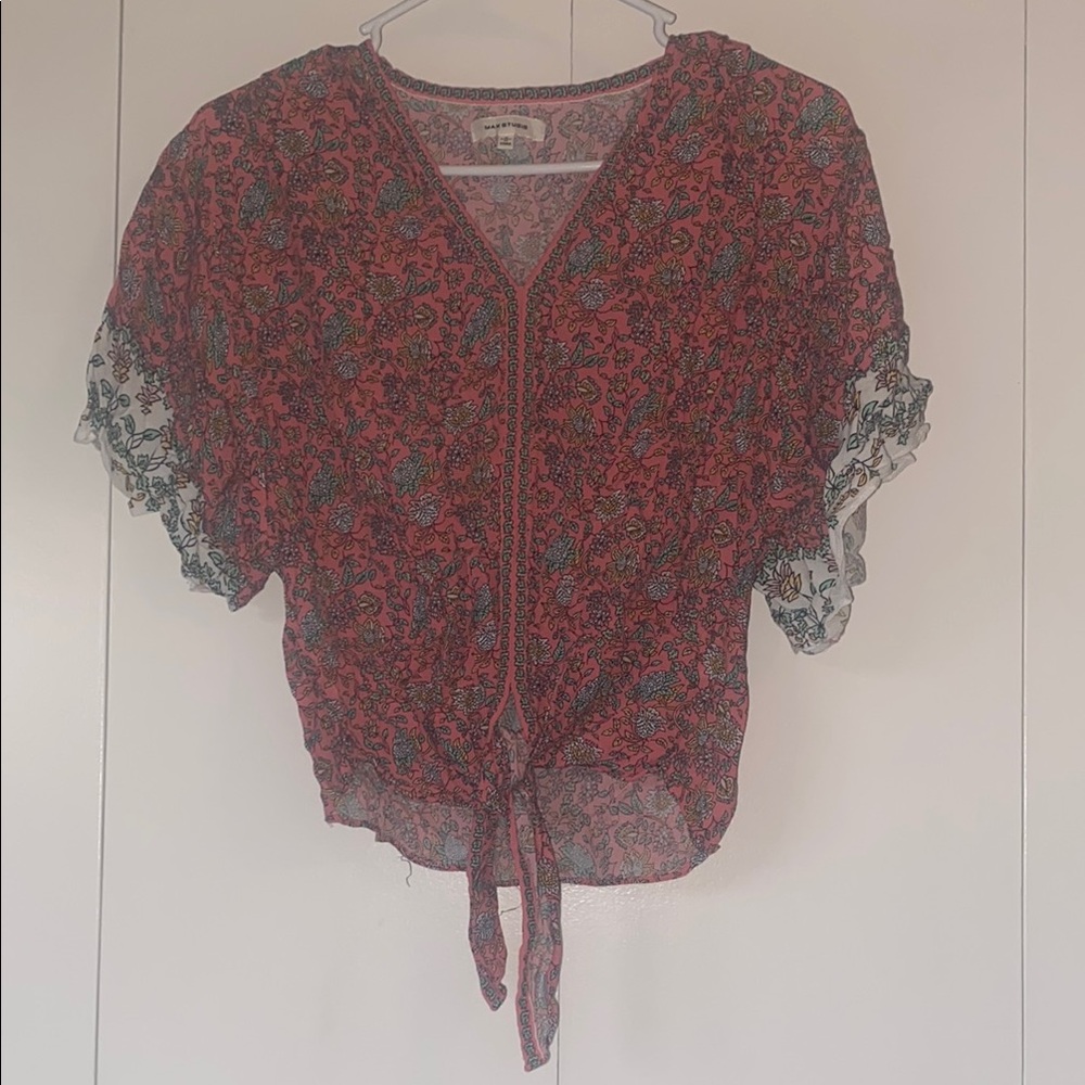 Floral V-Neck Tie-Front Top - Red